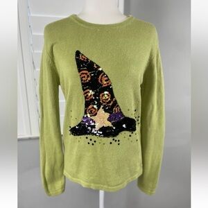 Peek A Boo Halloween Sequin Witches Hat Lime‎ Green Pullover Sweater Women’s S
